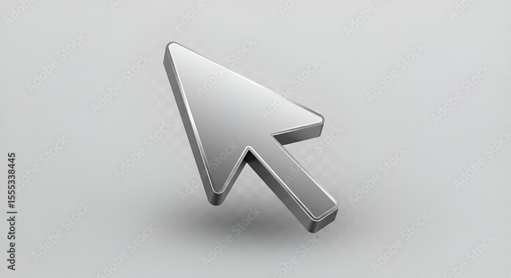 Poster metallic computer mouse pointer on a soft gray background for tech illustrations