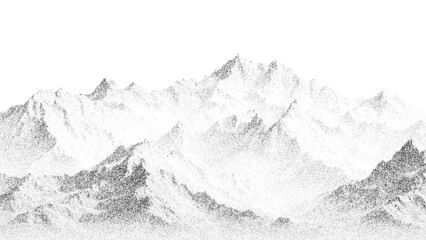 Obraz premium Mountain range silhouette created with dot stipple technique. Vector drawing of peak landscape. Illustration for nature or travel concept.