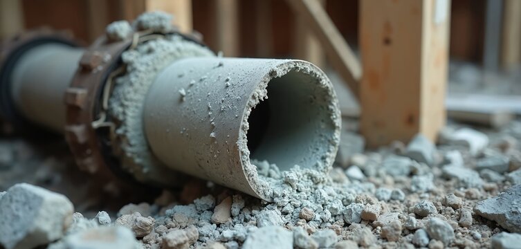 Photo shows damaged asbestos pipe insulation. Focus on identifying hazardous materials in construction sites. Recognizing dangers health safety. Removing old materials, protecting environment. Safety