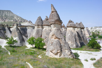 Famous fairy chimneys (volcanic rock formations with distinctive conical caps) in the Pasabag Valley (Monks Valley) near G&ouml;reme, Cappadocia, Turkey