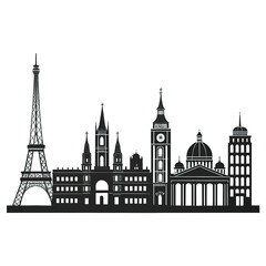 Obraz premium Black and White Line Art Skyline of European Cities - Travel Landmark Illustration
