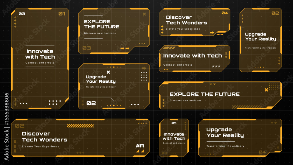 Poster Futuristic HUD text box frame vector elements with orange glow for technology presentations and game user interfaces.