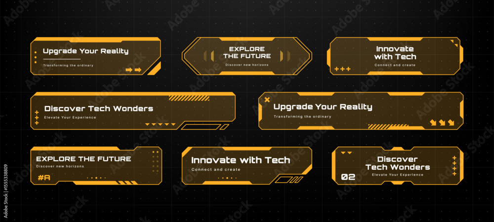 Poster HUD text box frame vector set. Futuristic display elements for digital interfaces. Technology layout for ui design.