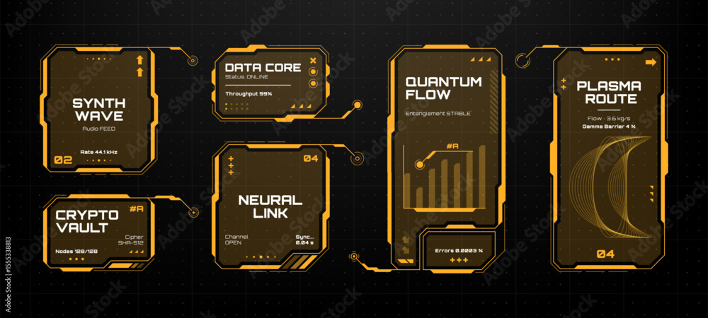 Poster Futuristic head up display interface with data boxes and charts for technology and scientific innovation.