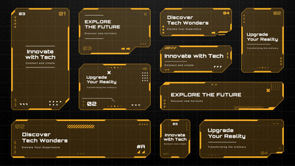 Futuristic HUD text box frame vector elements with orange glow for technology presentations and game user interfaces.