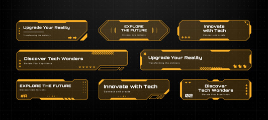 HUD text box frame vector set. Futuristic display elements for digital interfaces. Technology layout for ui design.