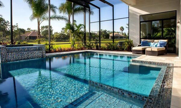 Enclosed pool area with patio furniture