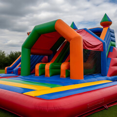 A large, colorful bouncy castle with multiple slides and climbing areas stands on a grassy field under a cloudy sky