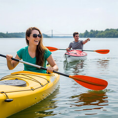 A young adult woman in a yellow kayak smiles, paddling on a lake with a man in another kayak behind her