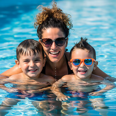 A mother and her two young sons are smiling happily while swimming in a bright blue pool on a sunny day