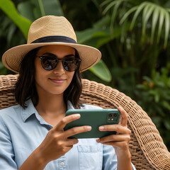 A young adult woman in a hat and sunglasses sits in a wicker chair, smiling while looking at her phone