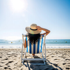 A young woman with a straw hat relaxes in a striped beach chair, facing the bright, sunny ocean