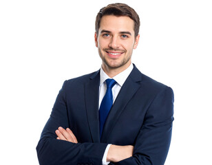 Confident businessman, navy suit, blue tie, arms crossed, professional portrait, friendly smile, isolated transparent background.