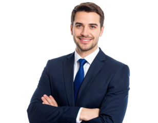 Confident businessman, navy suit, blue tie, arms crossed, professional portrait, friendly smile, isolated transparent background.