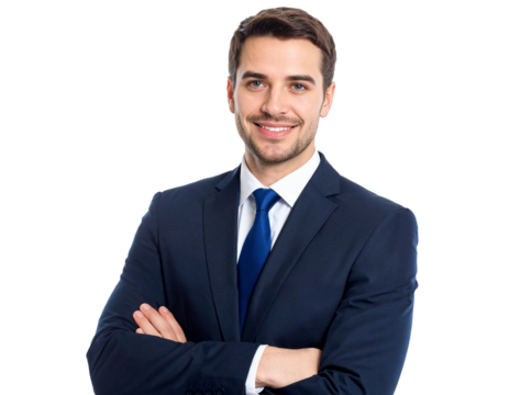 Confident businessman, navy suit, blue tie, arms crossed, professional portrait, friendly smile, isolated transparent background.