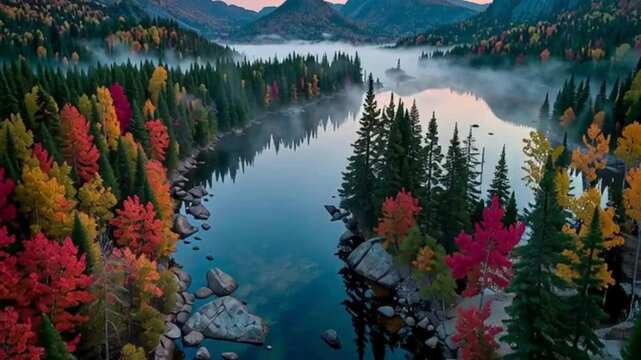 Scenic autumn view, colorful fall foliage with red and orange maple trees. The image captures the serene and untamed beauty of the forest in the fall season, perfect for nature lovers, travel visuals