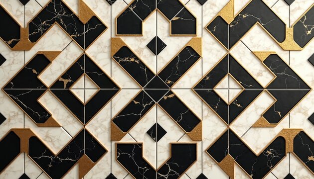 Fototapeta Abstract seamless pattern, geometric marble mosaic. Repeating art deco wallpaper. Luxury design with gold, black and white colors. Modern tile texture perfect for background, surface.