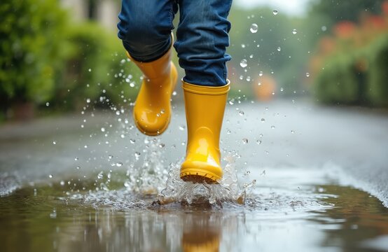 Child jumping puddle in yellow rubber boots on rainy day. Water splash. Happy childhood, outdoor fun, playing game in rain. Joyful kid activity in autumn. Bad weather concept.
