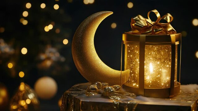 Golden wrapped Christmas present, adorned with a crescent moon and star, illuminated by string lights in festive holiday setting.