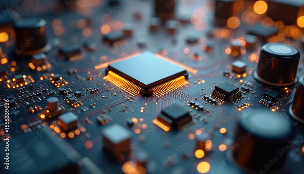 Poster close-up of printed circuit board with chip surrounded by integrated circuits. electronic components