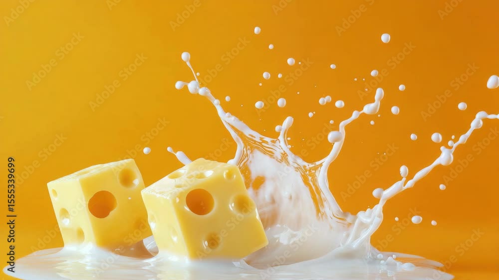 Aufkleber milk splashing onto slices of cheese on a plate, creating a dynamic and appetizing visual.