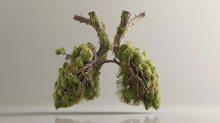 Lungs Formed from Twisted Branches and Green Moss in Abstract Display