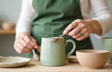 Woman artist glazing clay mug in art studio. Craftswoman hand paints ceramic pot, artisan work with brush. Pottery workshop, handmade creativity, art class, craft creation, home decor.