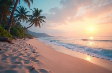 Tropical sunset beach scene, ocean horizon, palm trees on tranquil shore. Calm water, pastel sky, inspiration for travel, vacation. Ideal for zen, meditation, relax, paradise.
