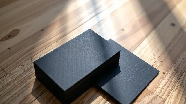 Elegant black business cards stacked on wooden surface. Each business card features minimalist design, texture branding. Perfect business cards for corporate identity, marketing, video content.