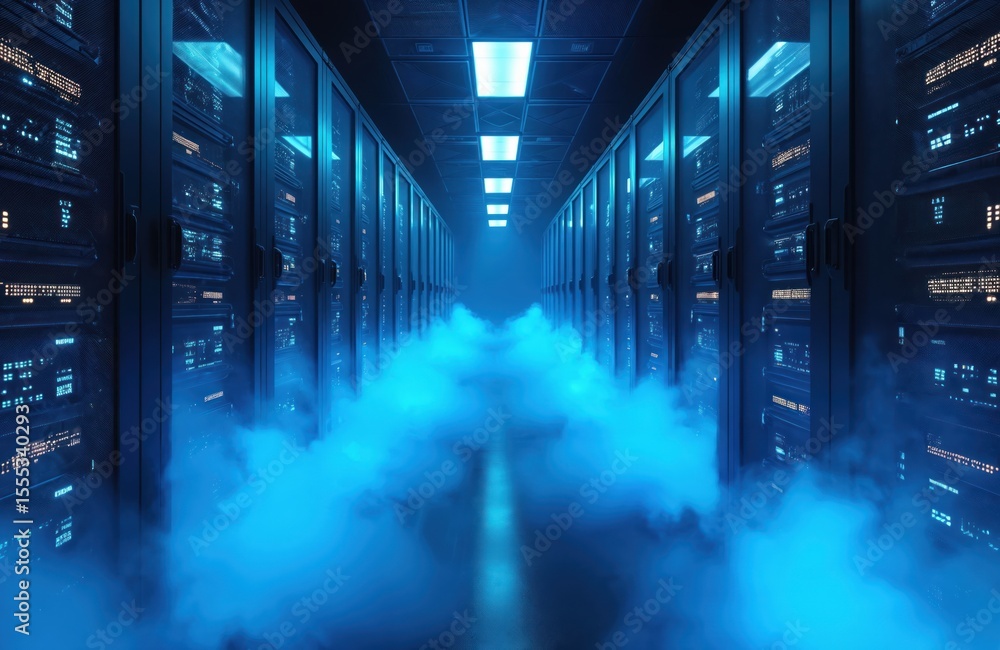 Poster futuristic server room, blue lights, fog. datacenter with servers, data storage. technology, computi