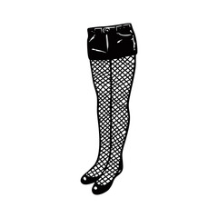 Gothic fashion illustration of fishnet tights with denim shorts in black sketch style. Alternative subculture symbol for edgy fashion branding, Halloween costumes, punk rock visuals, or rebellion