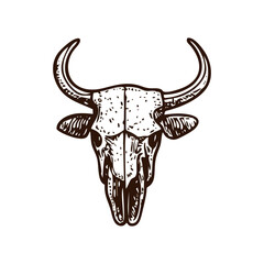 Tribal bull skull with horns drawn in desert tattoo style – traditional Native American and Southwestern motif for rustic logo design, cowboy decor, or boho Western art on transparent SVG background