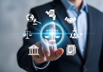 A person in a suit pointing to legal icons including scales of justice and document symbols on screen