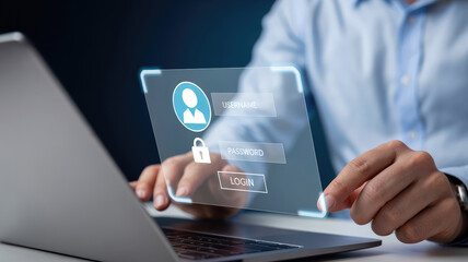A man is using a laptop to log into a website. The laptop screen displays a person's face, and the man is holding the laptop in his hand. Concept of security and trust