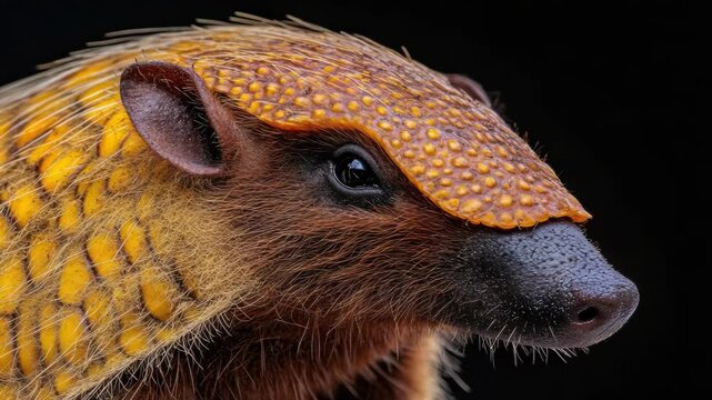 Close-up of pangolin face with dark eyes and spiny body.