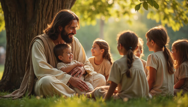 Jesus Christ sits among children in serene garden. Holds child on lap smiling. Kids gather around. Scene captures kindness love devotion. Religious concept for faith, spirituality, divine blessing.
