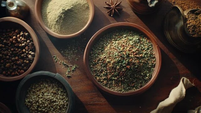 Assorted herbs and spices for cooking displayed on a wooden table. Includes cloves, cinnamon, nutmeg, garlic, ginger, peppercorns, star anise, and vanilla pods.