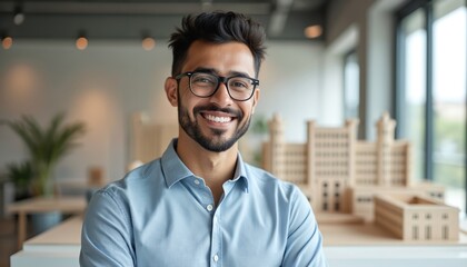 Hispanic architect stands in modern office near architectural model. Smiling man wearing glasses, posing for portrait. Architectural project, construction design. Construction industry, business.
