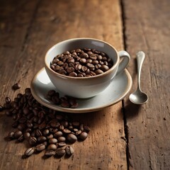 Fototapeta premium Serene Morning Coffee Ritual with Fresh Beans and Steaming Cup