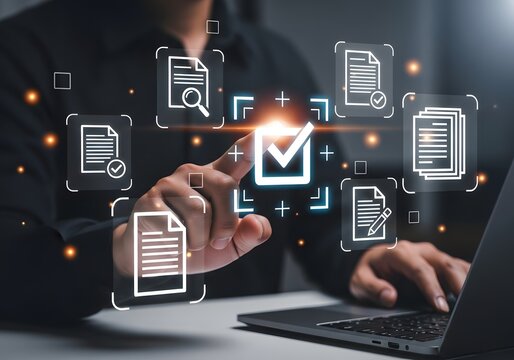 Businessman touching approved document icon on digital documents for approve business project proposals. Quality assurance and online evaluation of business concept.