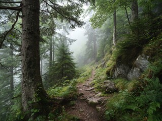 Obraz premium Forest path through trees in misty nature