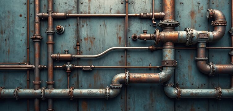 Close-up of weathered metal wall. Complex network of pipes, wires. Rusted surface shows wear, industrial design. Grunge texture evokes retro, steampunk feeling. Engineering tech, science fiction.