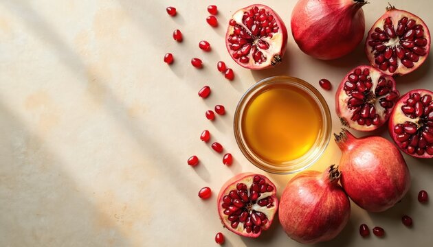 Honey with pomegranate on table. Symbolic photo for Jewish New Year celebration. Sweet fruits, religious food for Rosh Hashanah holiday. Fresh pomegranate seeds. Top view with copy space.