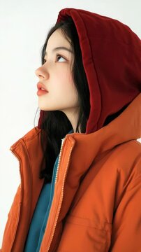 Young woman wearing a red hooded jacket and blue top, with a neutral background.