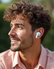 Obraz premium Young man enjoys music, wearing. Close-up of face, ear, wireless earbuds. Listening in nature. Happy, cheerful expression with positive emotions, listening favorite song with bluetooth connection.