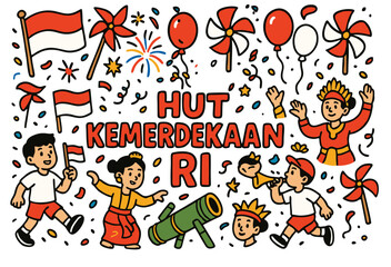 Colorful Doodle Vector of Indonesia Independence Day Celebration with Kids, Flag, Garuda, and Festive Elements