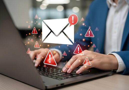 Businessman typing on laptop with warning email icons, representing email threat, phishing attack, malware, data breach, cybersecurity alert, scam message, spam risk, and online fraud protection.