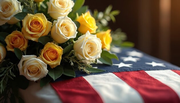 Floral arrangement on American flag draped casket. Funeral roses, yellow, white colors, memorial scene. Remembrance, mourning, tribute to fallen soldier or veteran, patriotic celebration.