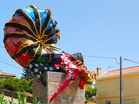 Sculpture by Bordalo II named Amonite in Buarcos, Figueira da Foz, Portugal