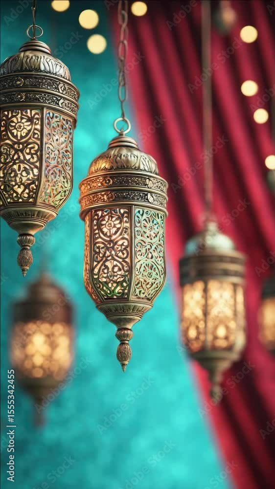 Poster a collection of colorful moroccan lanterns hanging from the ceiling, featuring intricate mosaic patt